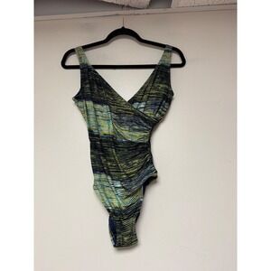 Vince Camuto Swim Womens One Piece Swimsuit Green Navy Abstract Print Size 12